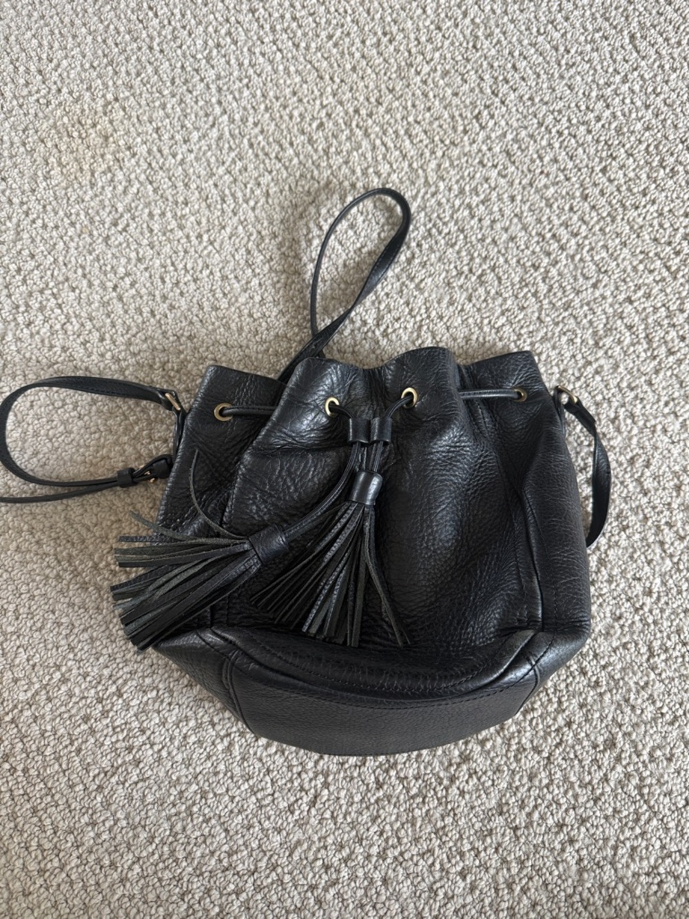 J.Crew Genuine Leather Black Tassel Drawstring Bucket Bag Purse